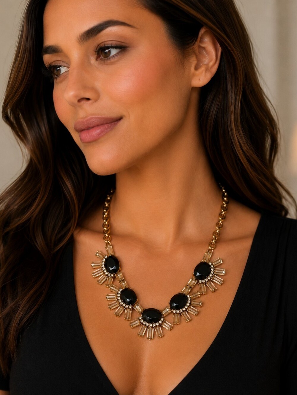 J Crew Gold-Tone Necklace with Black Gem Accents - Women Jewelry